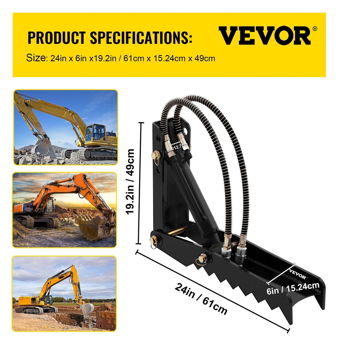 Hydraulic Backhoe Excavator Thumb Attachment, 0.61m, 1.27cm Thick Teeth, Steel