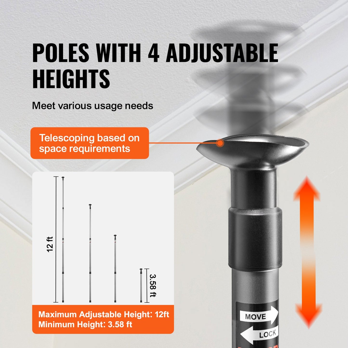 VEVOR Dust Barrier Poles, 12 Ft Barrier Poles, Dust Barrier System with 4 Telescoping