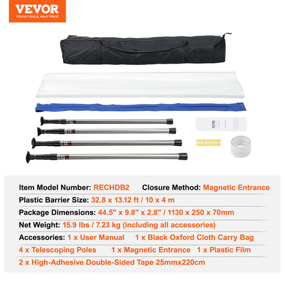 VEVOR Dust Barrier Poles, 12 Ft Barrier Poles, Dust Barrier System with 4 Telescoping