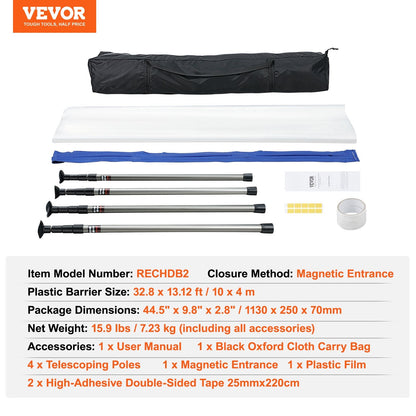 Telescopic Dust Barrier System, 3.65m Poles with Magnetic Zipper & Carry Bag