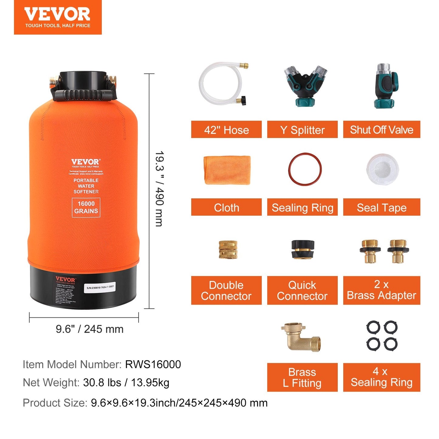 Portable 16,000 Grain Water Softener with 0.75m Brass Fittings for RVs and Boats