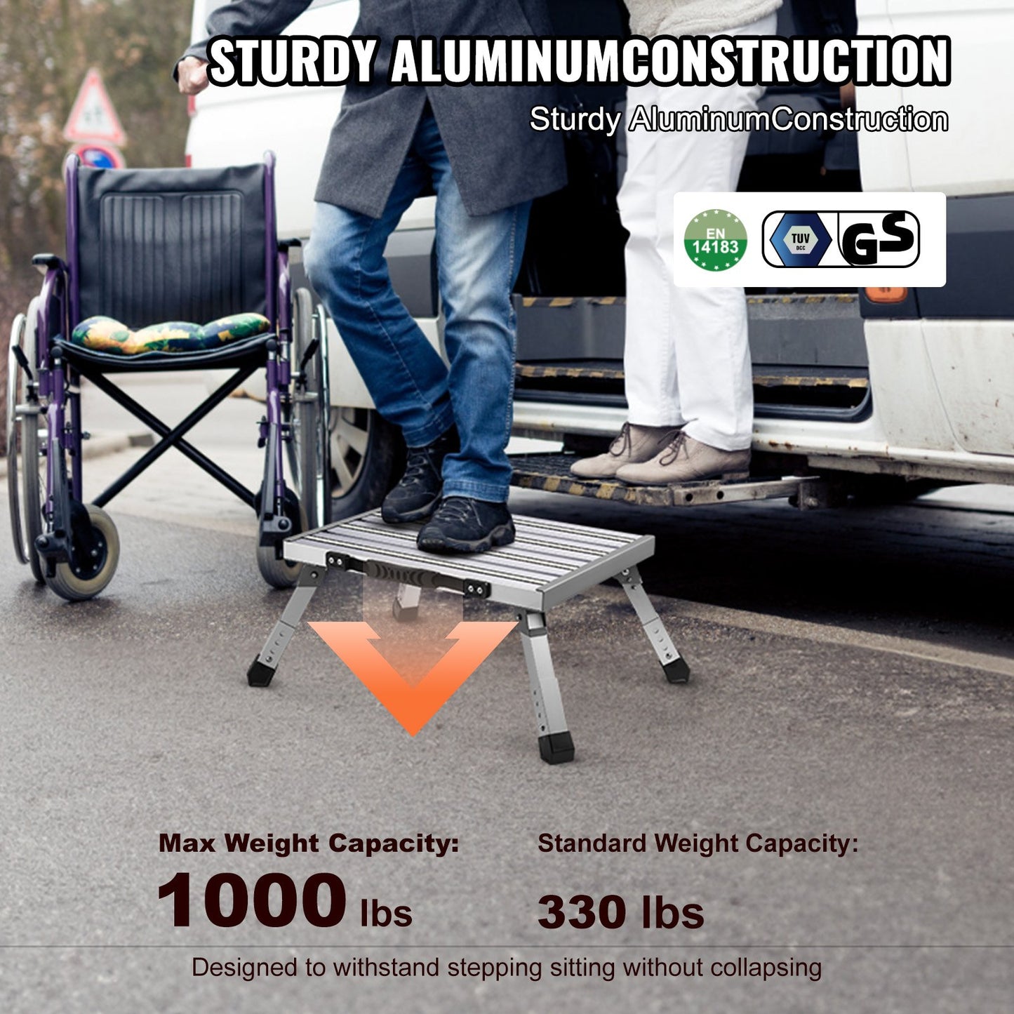 VEVOR Step Stool 1-Step 150KG Capacity, Folding Alumium Alloy Step Ladder Adjustable