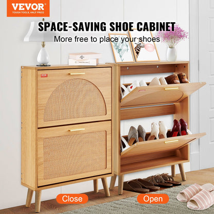 Stylish Shoe Cabinet with Rattan Doors, 2 Flip Drawers, 12.75 kg Load Capacity