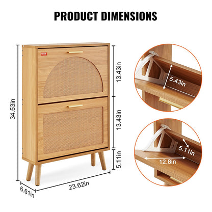 Stylish Shoe Cabinet with Rattan Doors, 2 Flip Drawers, 12.75 kg Load Capacity