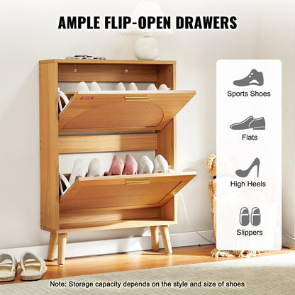 Stylish Shoe Cabinet with Rattan Doors, 2 Flip Drawers, 12.75 kg Load Capacity