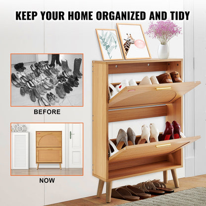 Stylish Shoe Cabinet with Rattan Doors, 2 Flip Drawers, 12.75 kg Load Capacity