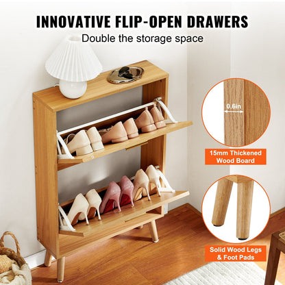 Stylish Shoe Cabinet with Rattan Doors, 2 Flip Drawers, 12.75 kg Load Capacity