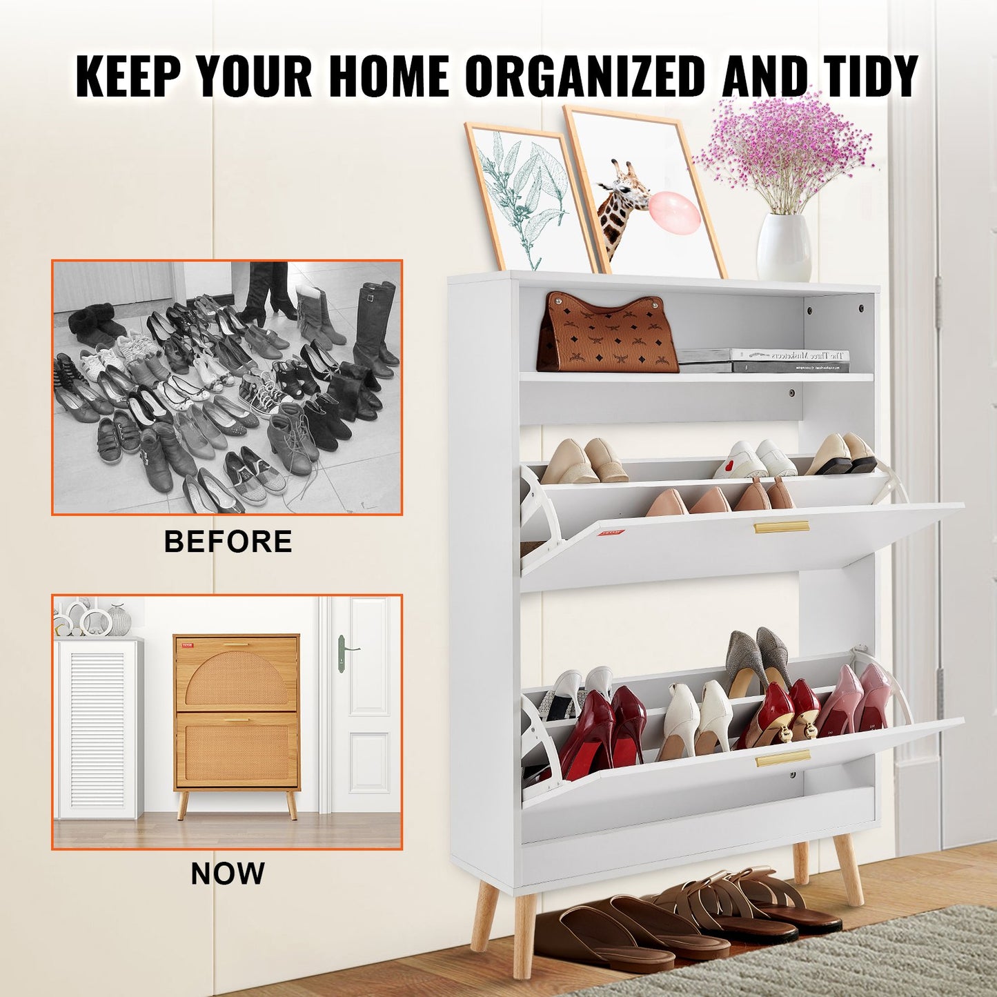 VEVOR Shoe Cabinet with 2 Flip Drawers, Shoe Storage Cabinet for Entryway, Free