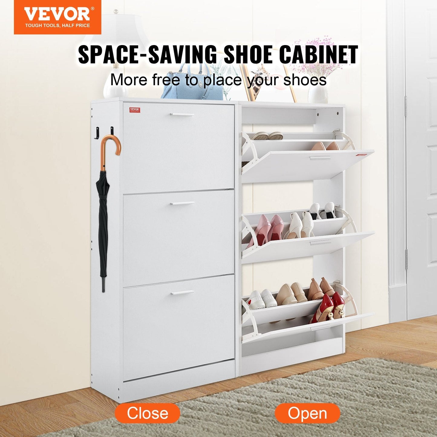 3-Drawer Shoe Cabinet with Side Hooks for Entryway, 0.6 x 0.24 x 1.2 m