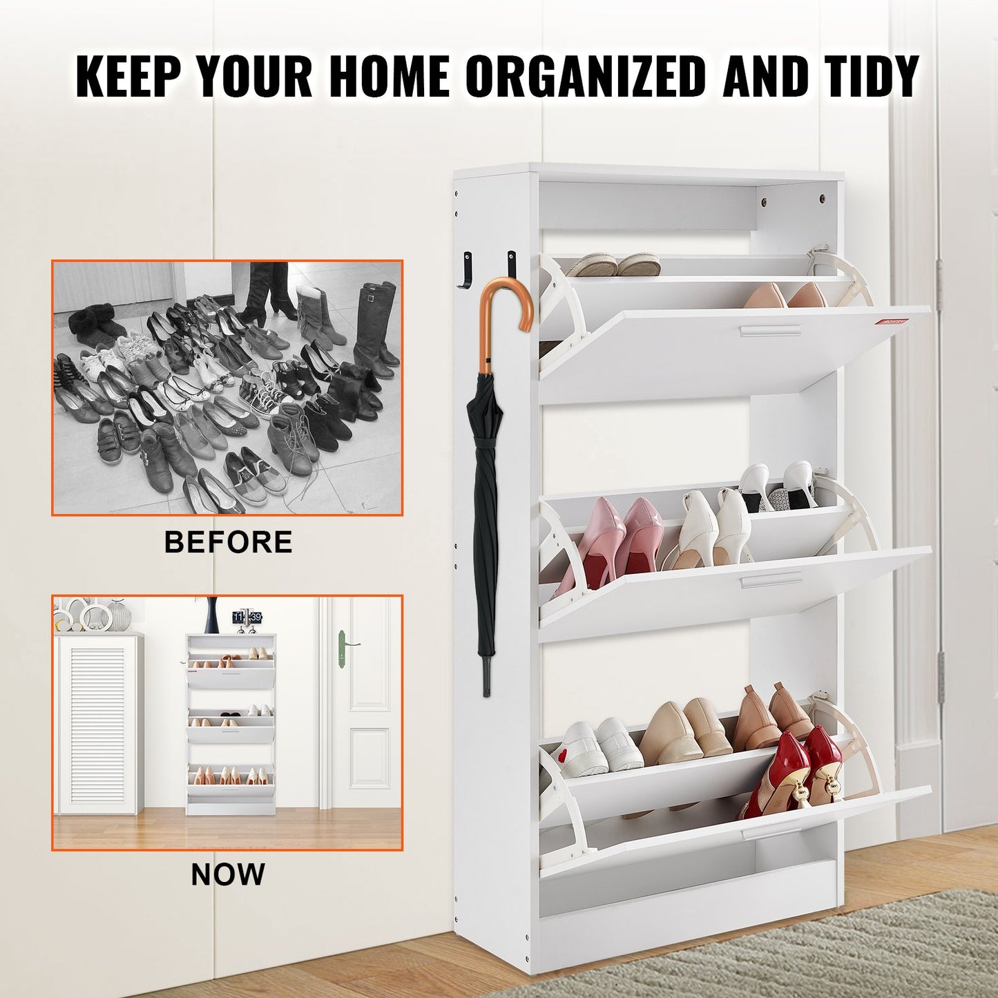 VEVOR Shoe Cabinet with 3 Flip Drawers, Shoe Storage Cabinet for Entryway, 23.6