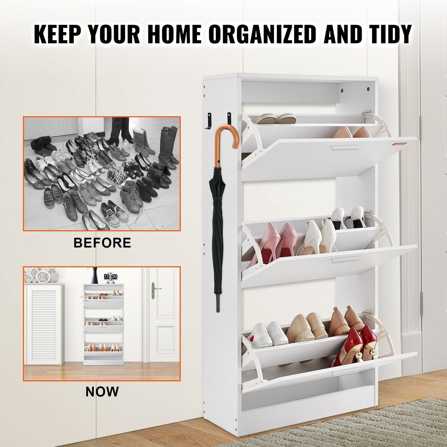 3-Drawer Shoe Cabinet with Side Hooks for Entryway, 0.6 x 0.24 x 1.2 m