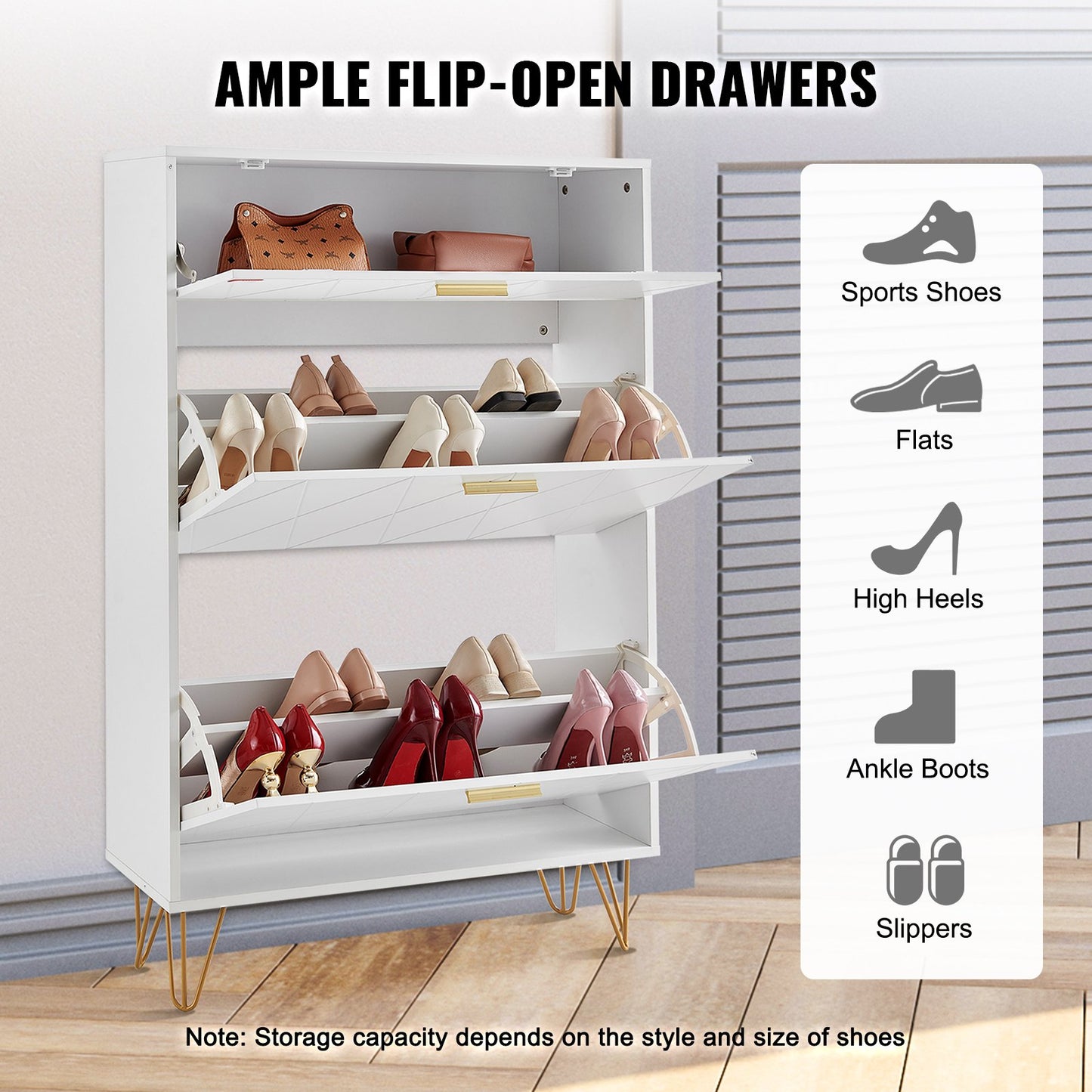 VEVOR Shoe Cabinet with 3 Flip Drawers, Shoe Storage Cabinet for Entryway, Free