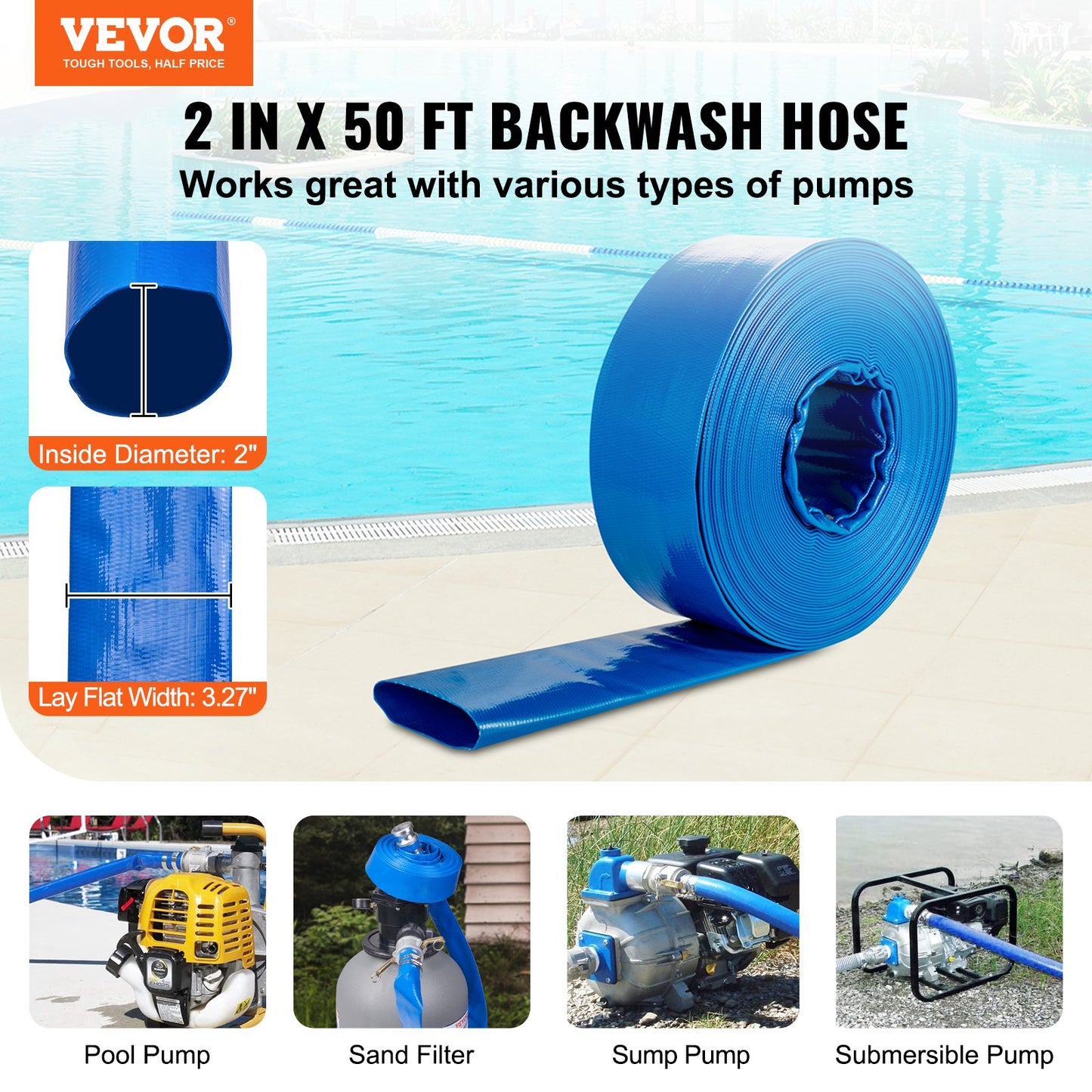 VEVOR Backwash Hose, 2 in x 50 ft, Heavy-Duty PVC Flat Pool Discharge Hose with