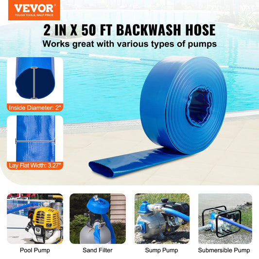 VEVOR Backwash Hose, 2 in x 50 ft, Heavy-Duty PVC Flat Pool Discharge Hose with