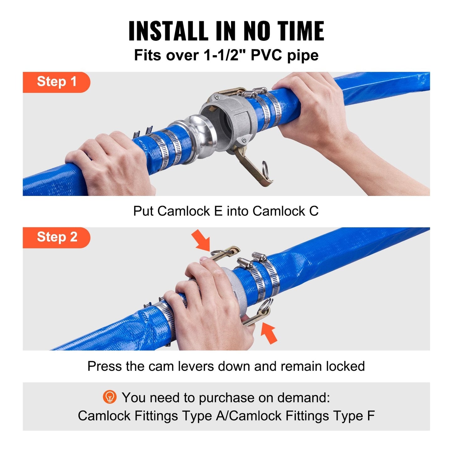 Heavy-Duty PVC Pool Hose 2 in x 15.24 m with Camlock Fittings, Blue
