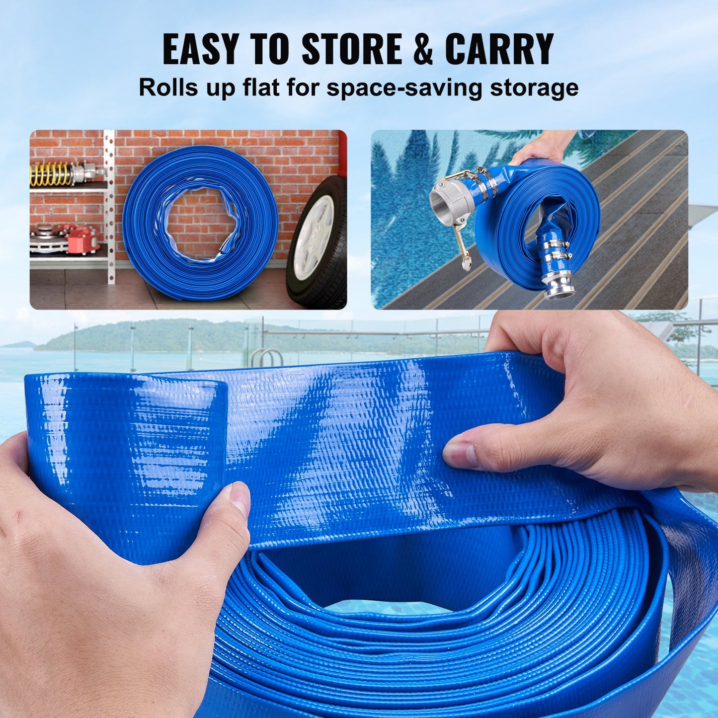 VEVOR Backwash Hose, 2 in x 50 ft, Heavy-Duty PVC Flat Pool Discharge Hose with