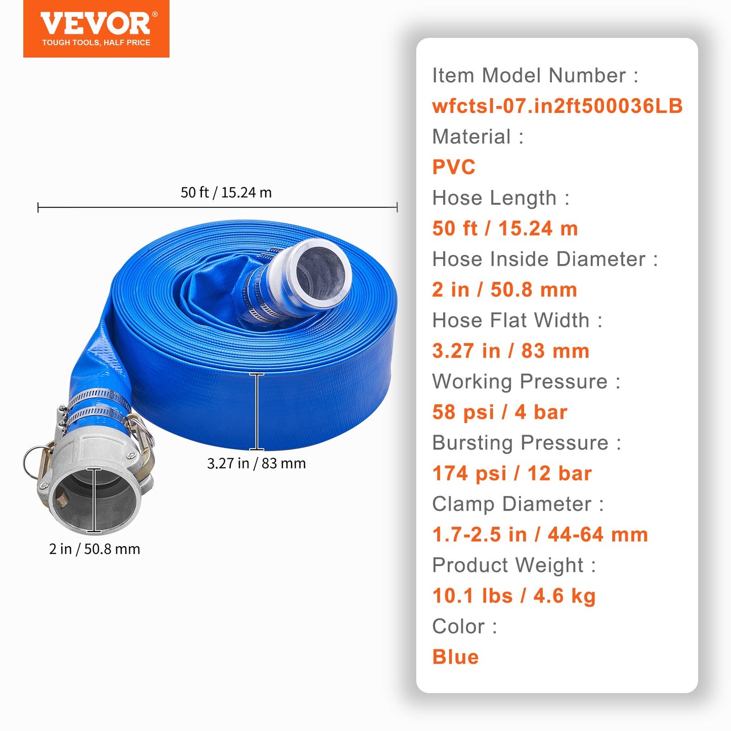 VEVOR Backwash Hose, 2 in x 50 ft, Heavy-Duty PVC Flat Pool Discharge Hose with