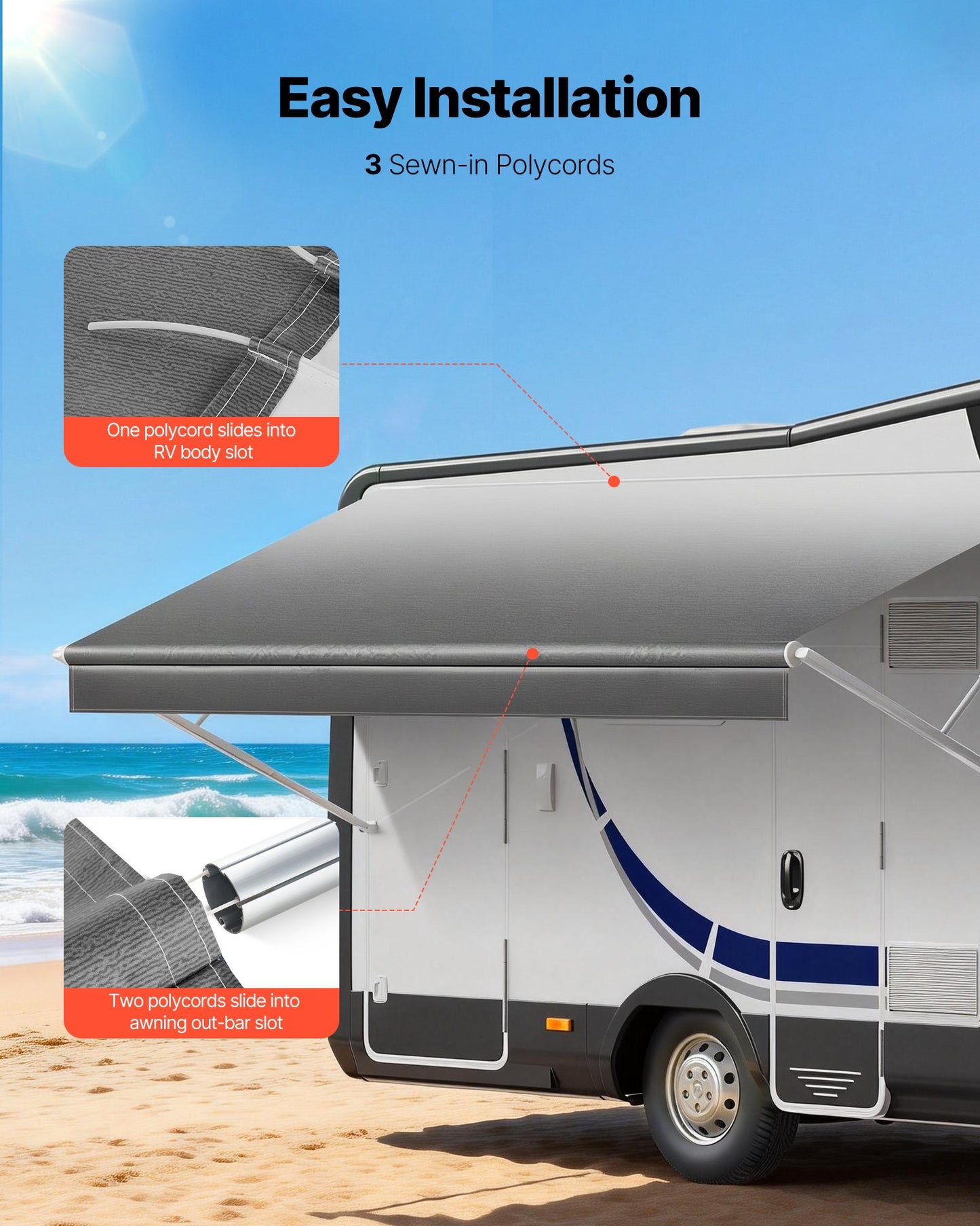 RV Awning Fabric Replacement, 4.57 m (Fabric 4.3 m) 510 g Heavy-Duty Weatherproof Vinyl Camper Awning Replacement, UPF50+ Protection Waterproof Outdoor Canopy for RV Motorhome Trailer, Gray Fade