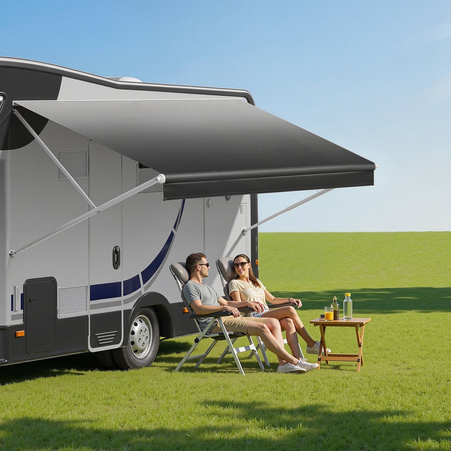 RV Awning Fabric Replacement, 4.57 m (Fabric 4.3 m) 510g Heavy-Duty Weatherproof Vinyl Camper Awning Replacement, UPF50+ Protection Waterproof Outdoor Canopy for RV Motorhome Trailer, Black Fade
