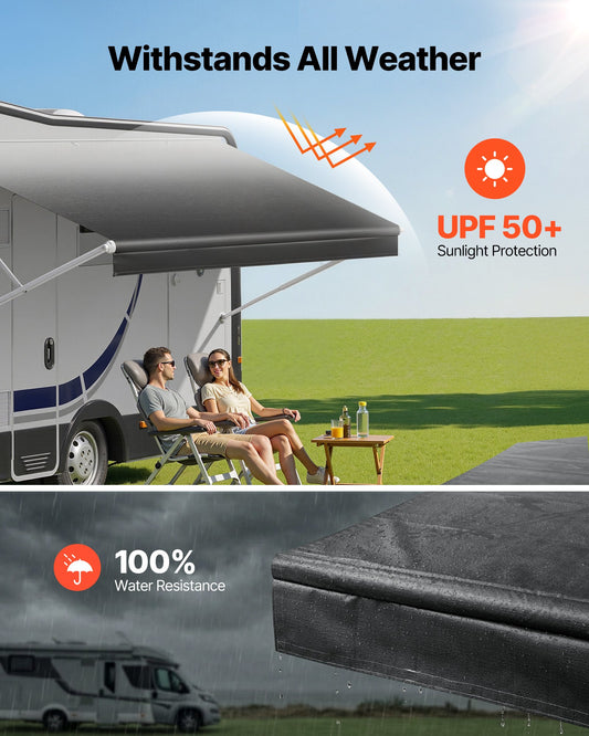 RV Awning Fabric Replacement, 4.88 m (Fabric 4.6 m) 510g Heavy-Duty Weatherproof Vinyl Camper Awning Replacement, UPF50+ Protection Waterproof Outdoor Canopy for RV Motorhome Trailer, Black Fade