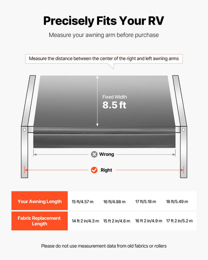 RV Awning Fabric Replacement, 4.88 m (Fabric 4.6 m) 510 g Heavy-Duty Weatherproof Vinyl Camper Awning Replacement, UPF50+ Protection Waterproof Outdoor Canopy for RV Motorhome Trailer, Gray Fade