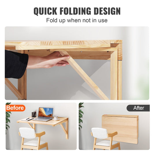 Wall Mounted Folding Table, Solid Wood Drop Leaf Desk for Home or Office Use