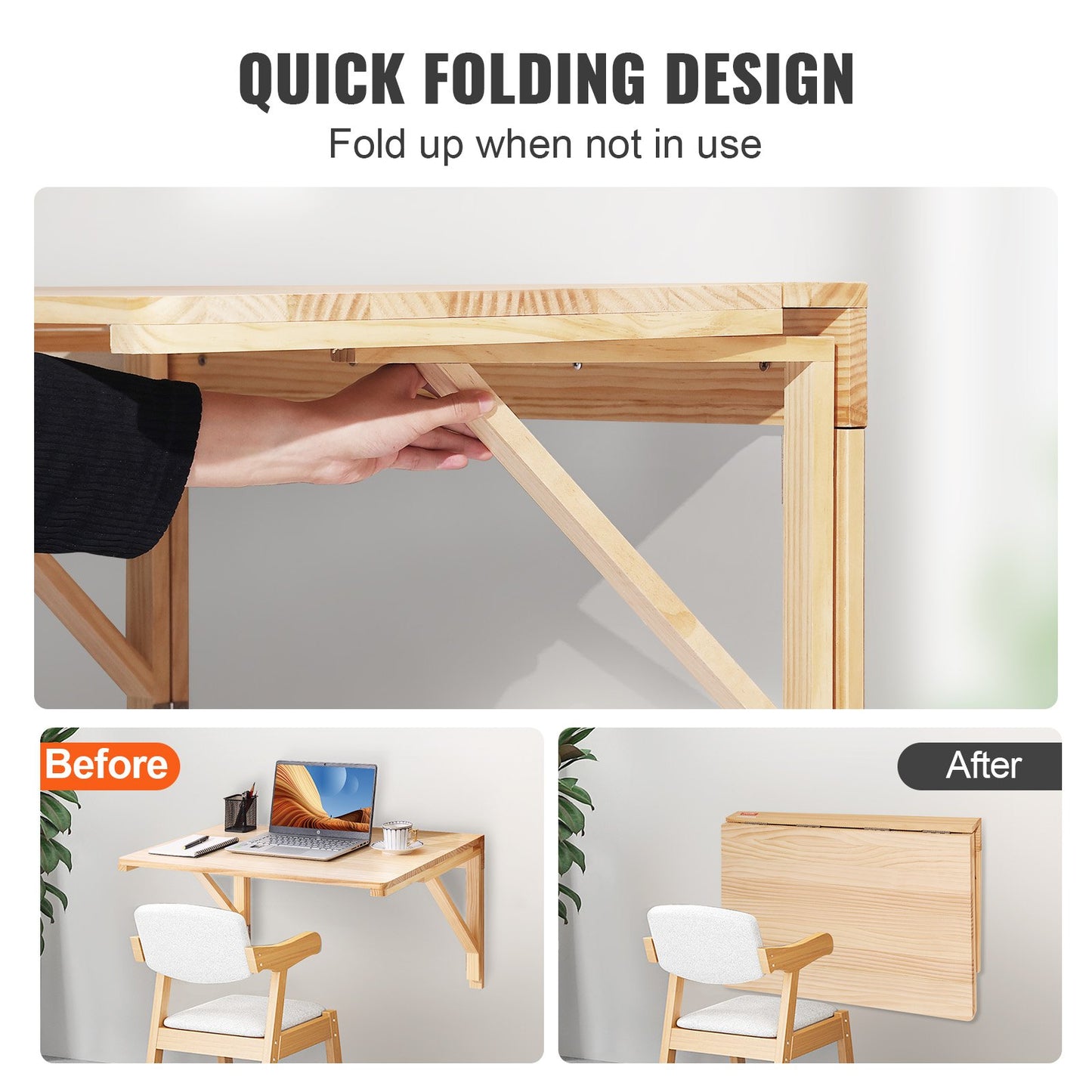 VEVOR Wall Mounted Folding Table, Wall Mounted Drop Leaf Tables, Solid Wood Floating