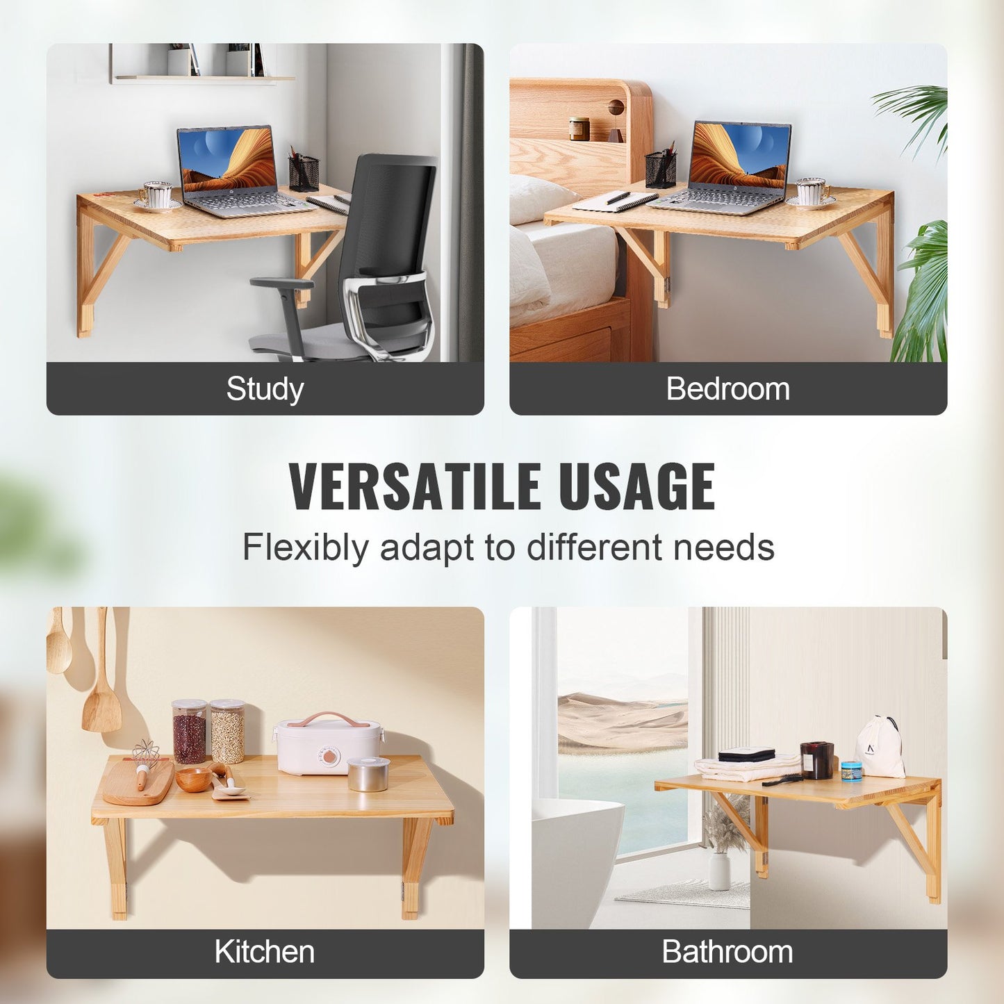 VEVOR Wall Mounted Folding Table, Wall Mounted Drop Leaf Tables, Solid Wood Floating