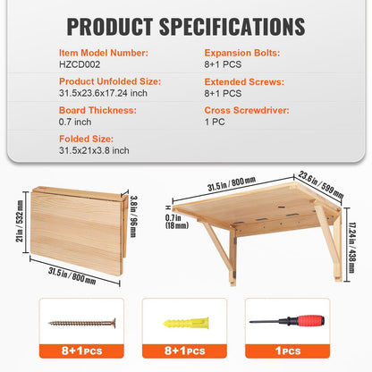 Wall Mounted Folding Table, Solid Wood Drop Leaf Desk for Home or Office Use