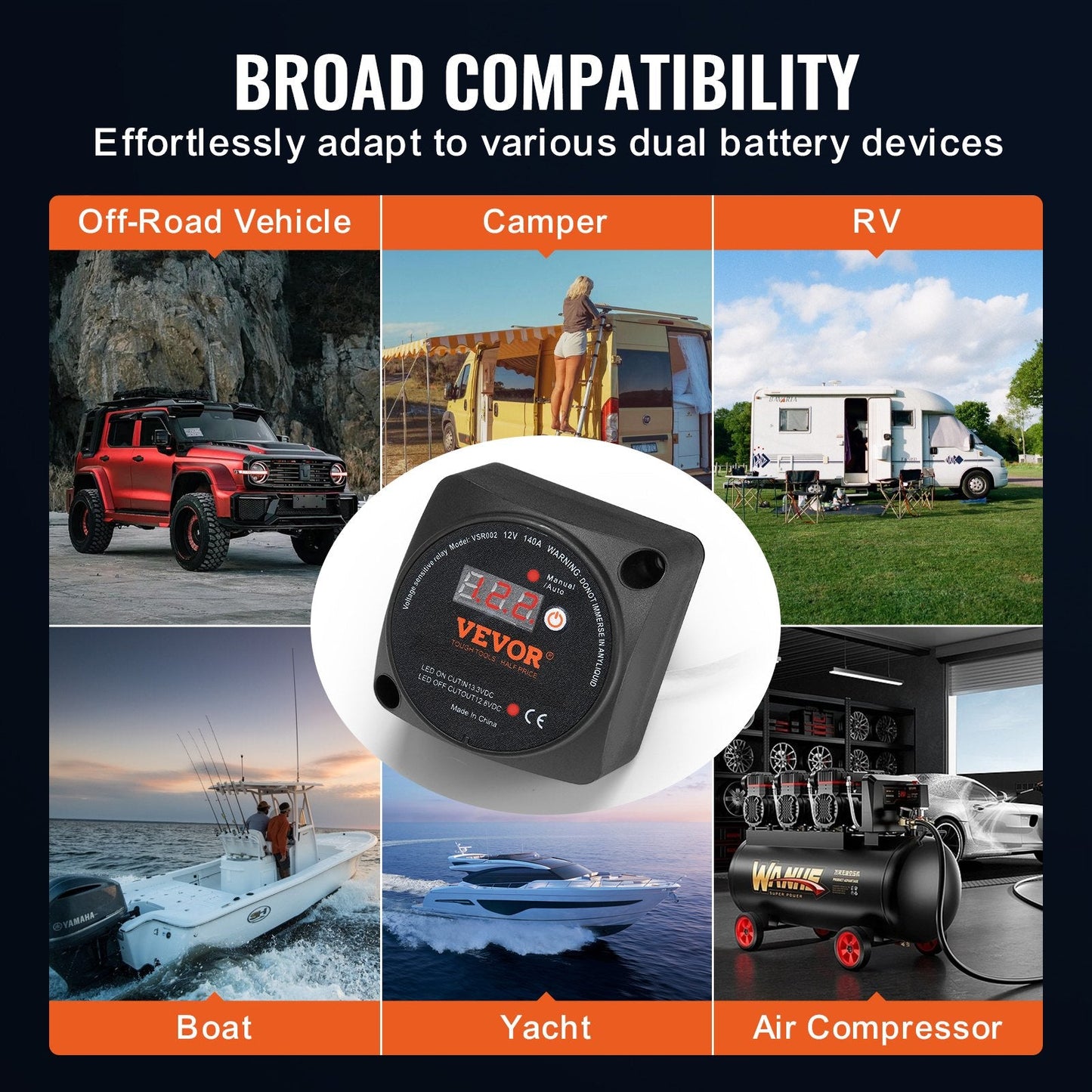 140A Dual Battery Isolator Kit with LCD for RV, Camper, Boat, and Truck