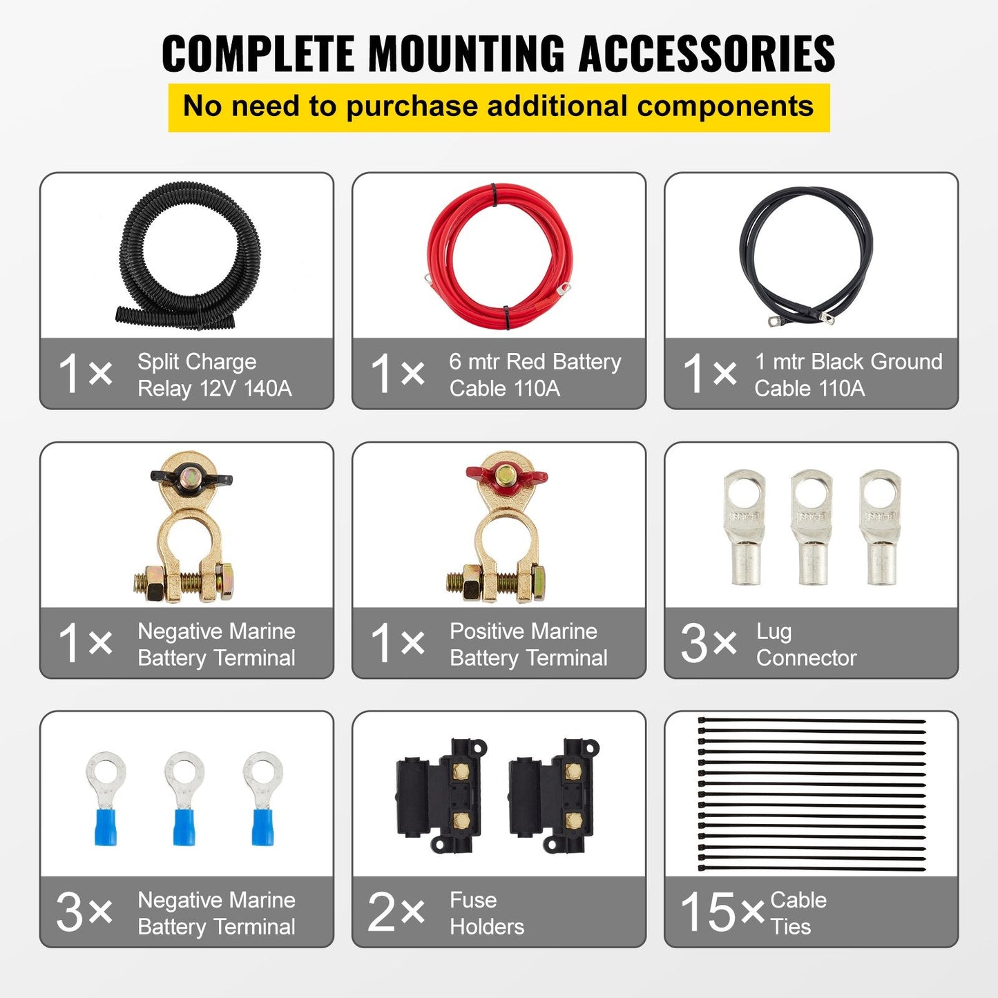 Automatic Dual Battery Isolator Kit, 6m, 140A, for RVs, Cars, and Boats