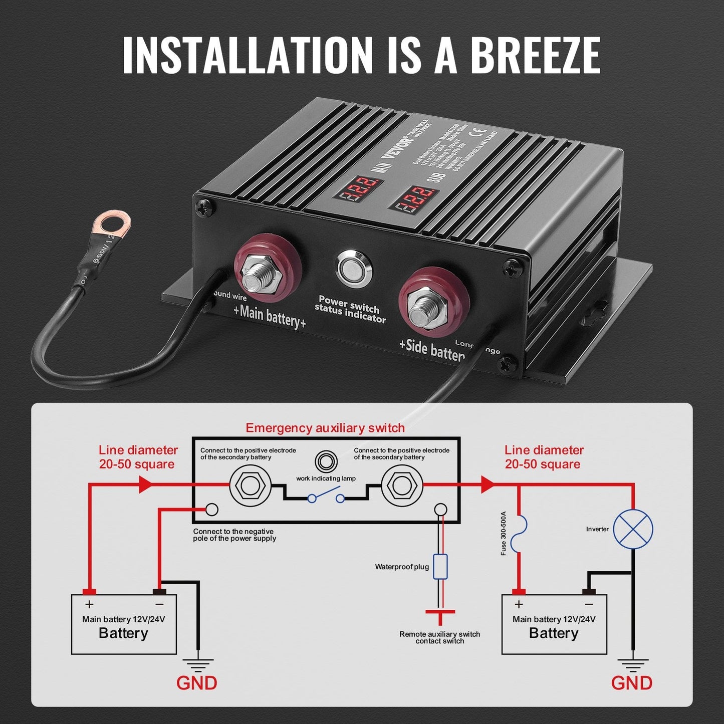 Dual Battery Isolator with LCD Display, 250A VSR for 12V/24V Systems