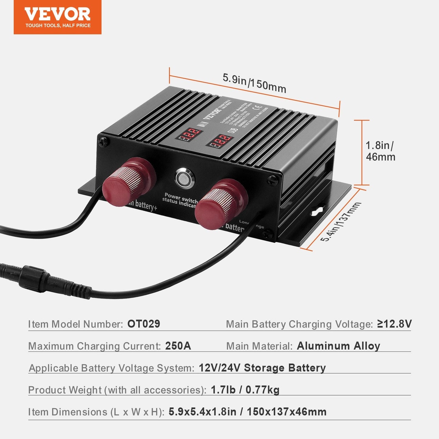 Dual Battery Isolator with LCD Display, 250A VSR for 12V/24V Systems