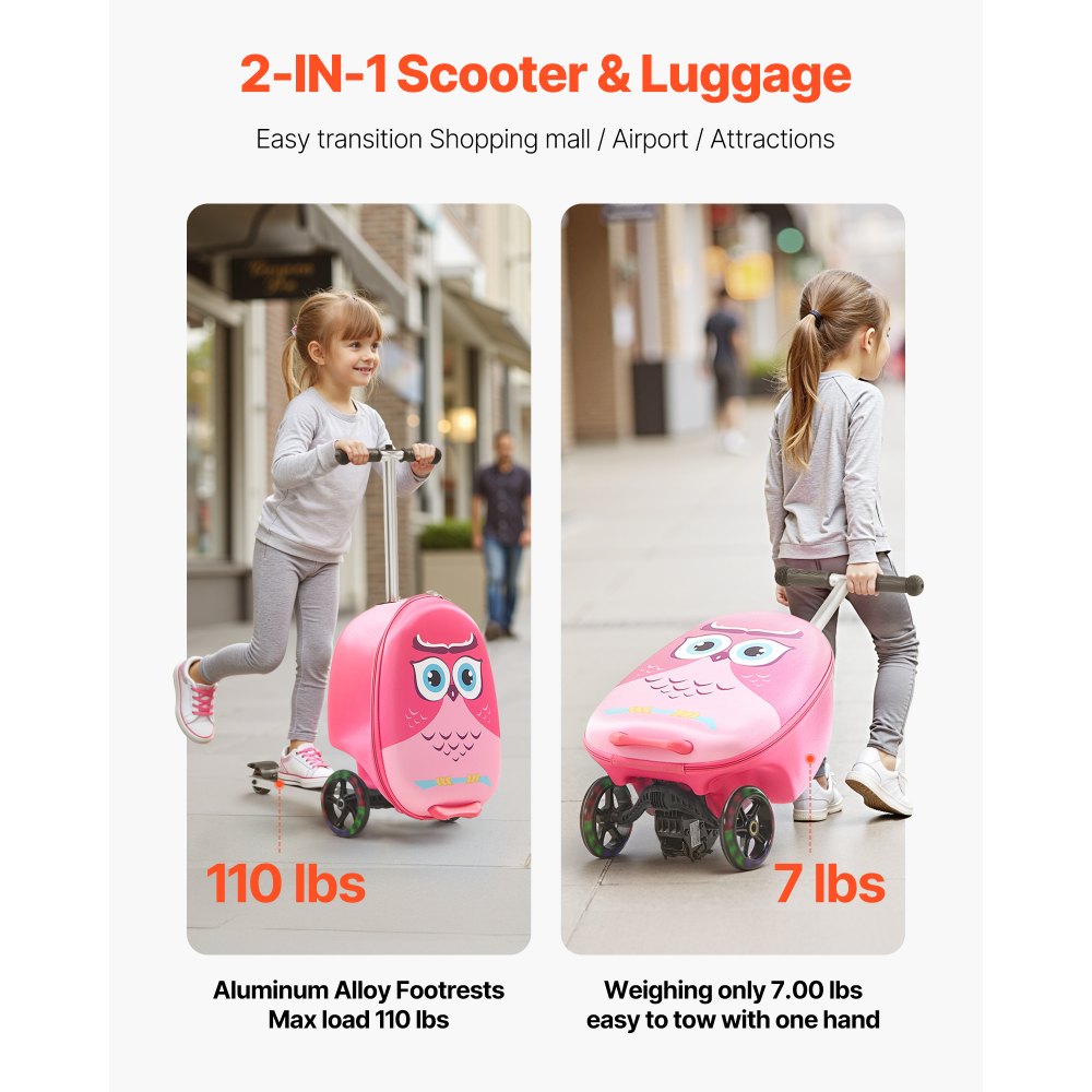 VEVOR Ride-on Luggage 20-inch Kids Scooter Suitcase with Flash Wheels Pink