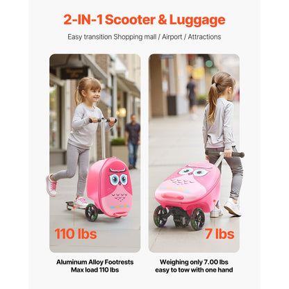 VEVOR Ride-on Luggage 20-inch Kids Scooter Suitcase with Flash Wheels Pink