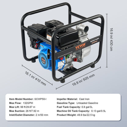 Gas-Powered 50mm Water Pump, 6.5HP, 4-Stroke, High Performance for Irrigation