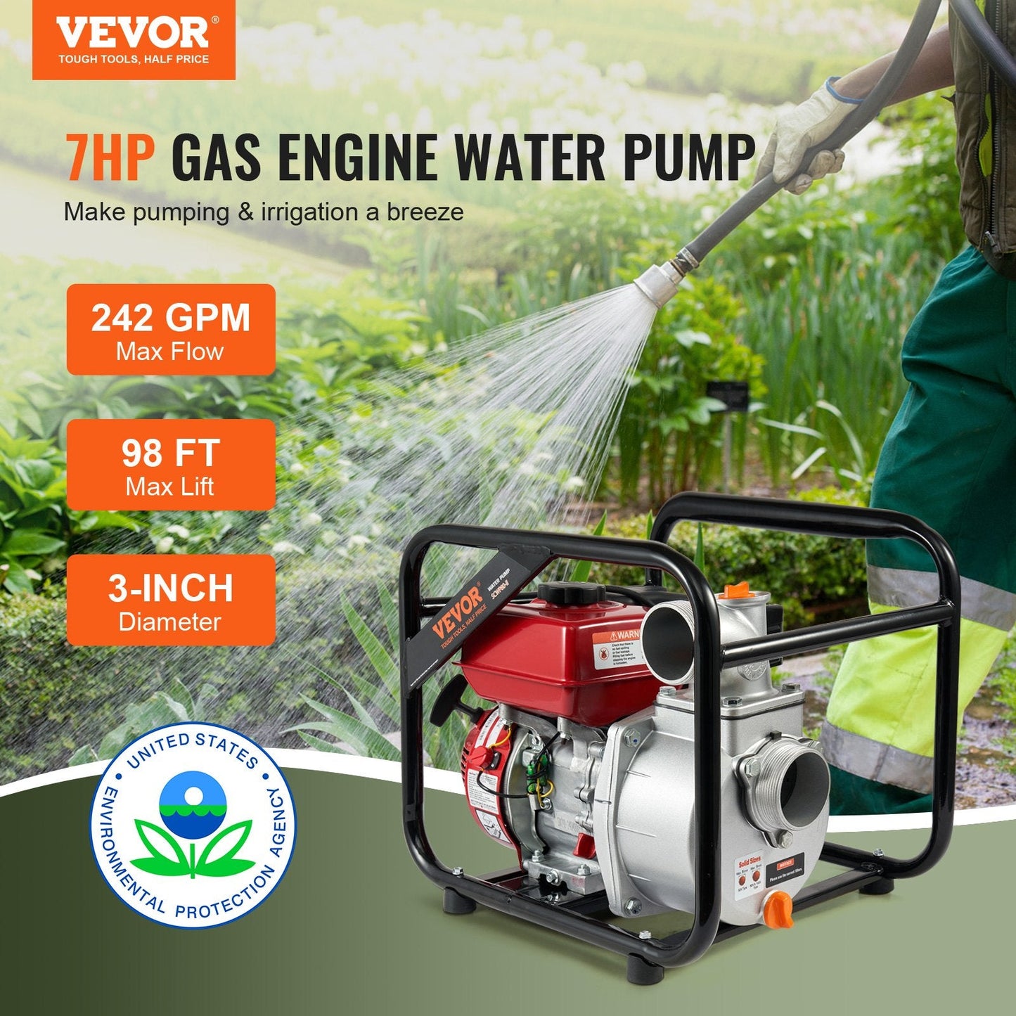 7HP Gas-Powered Water Pump, 80 mm, 4-Stroke, High Performance for Irrigation