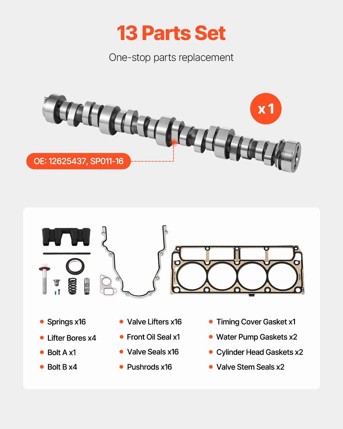 Lifter Camshaft Kit, 13-Piece Set, Gray Cast Iron Engine Cam, Compatible with Norris trucks from 1999-2013 GM Gen3/4, Fit 1999-2013 LS-Based Engines (Silverado, Sierra, Tahoe, Yukon/LS1)
