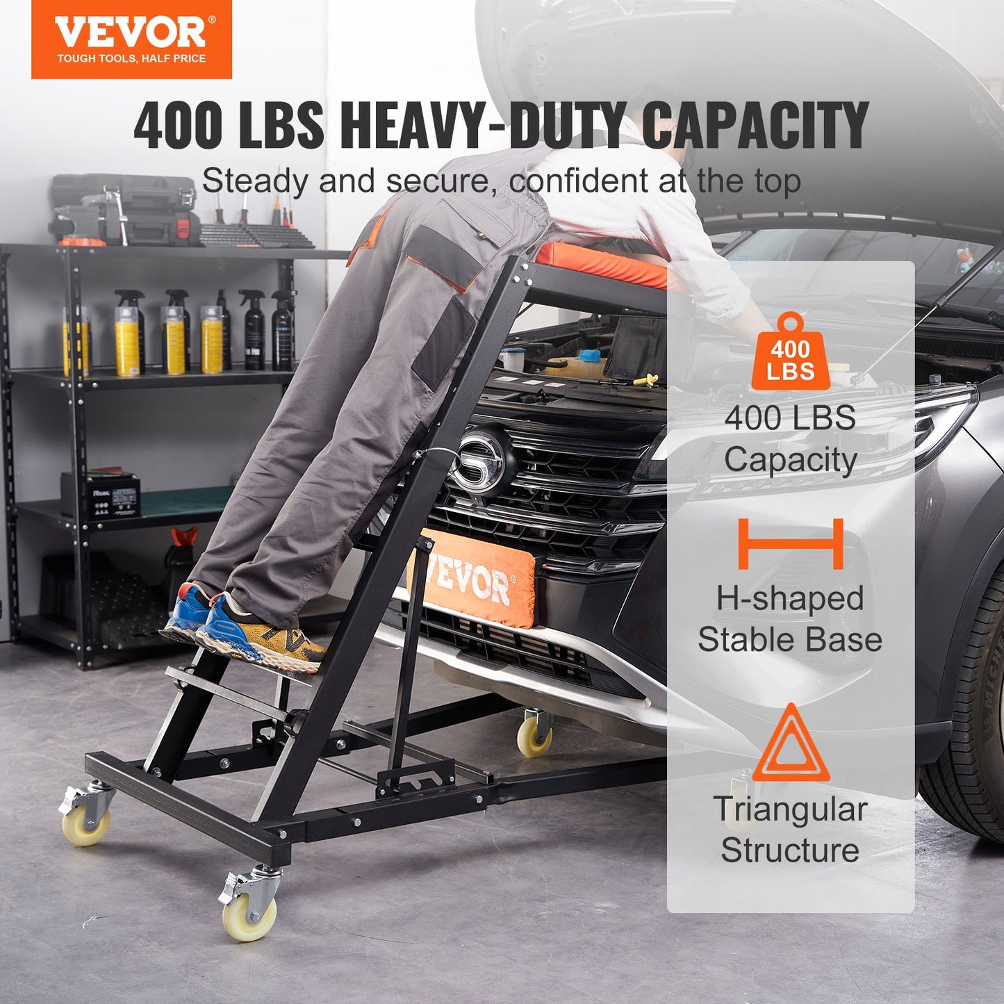 VEVOR Automotive Topside Creeper, with Adjustable Height 48" to 76", 181.44KGS Capacity