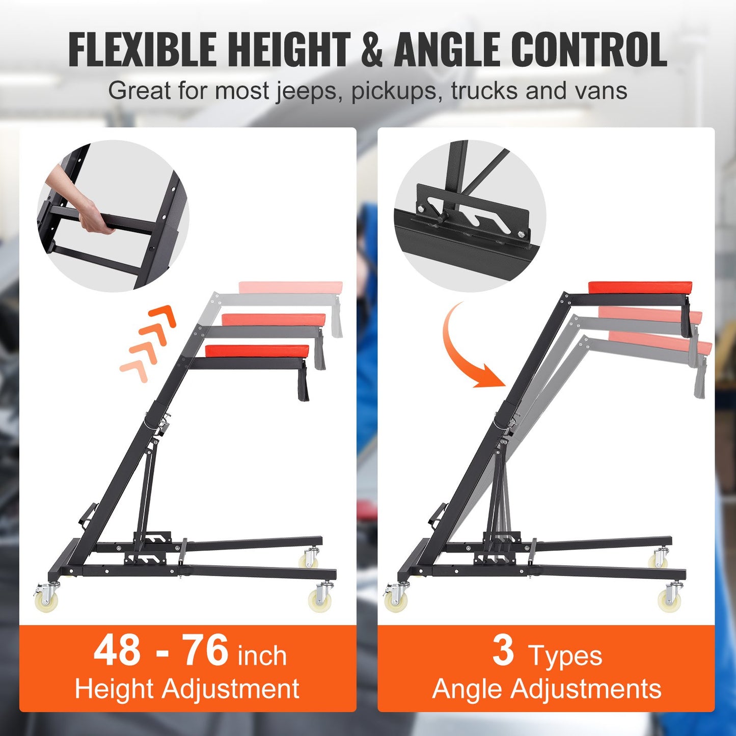 VEVOR Automotive Topside Creeper, with Adjustable Height 48" to 76", 181.44KGS Capacity