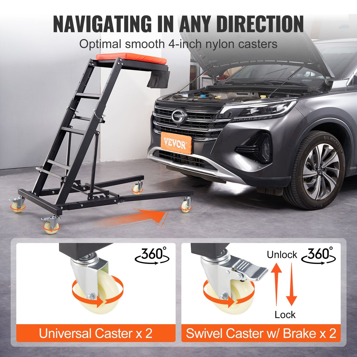 VEVOR Automotive Topside Creeper, with Adjustable Height 48" to 76", 181.44KGS Capacity