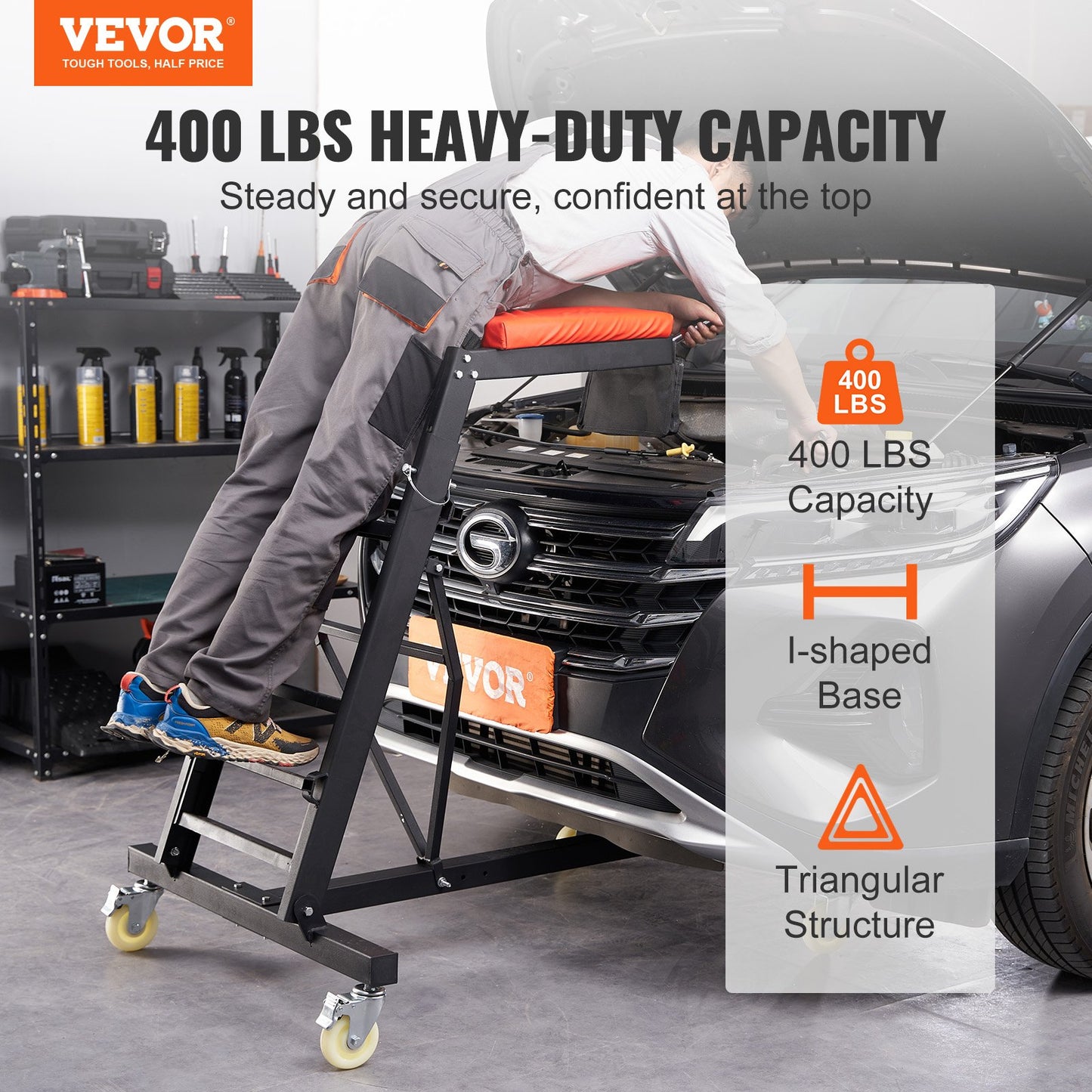 VEVOR Automotive Topside Creeper, with Adjustable Height 49.6" to 75.6", 181.44KGS