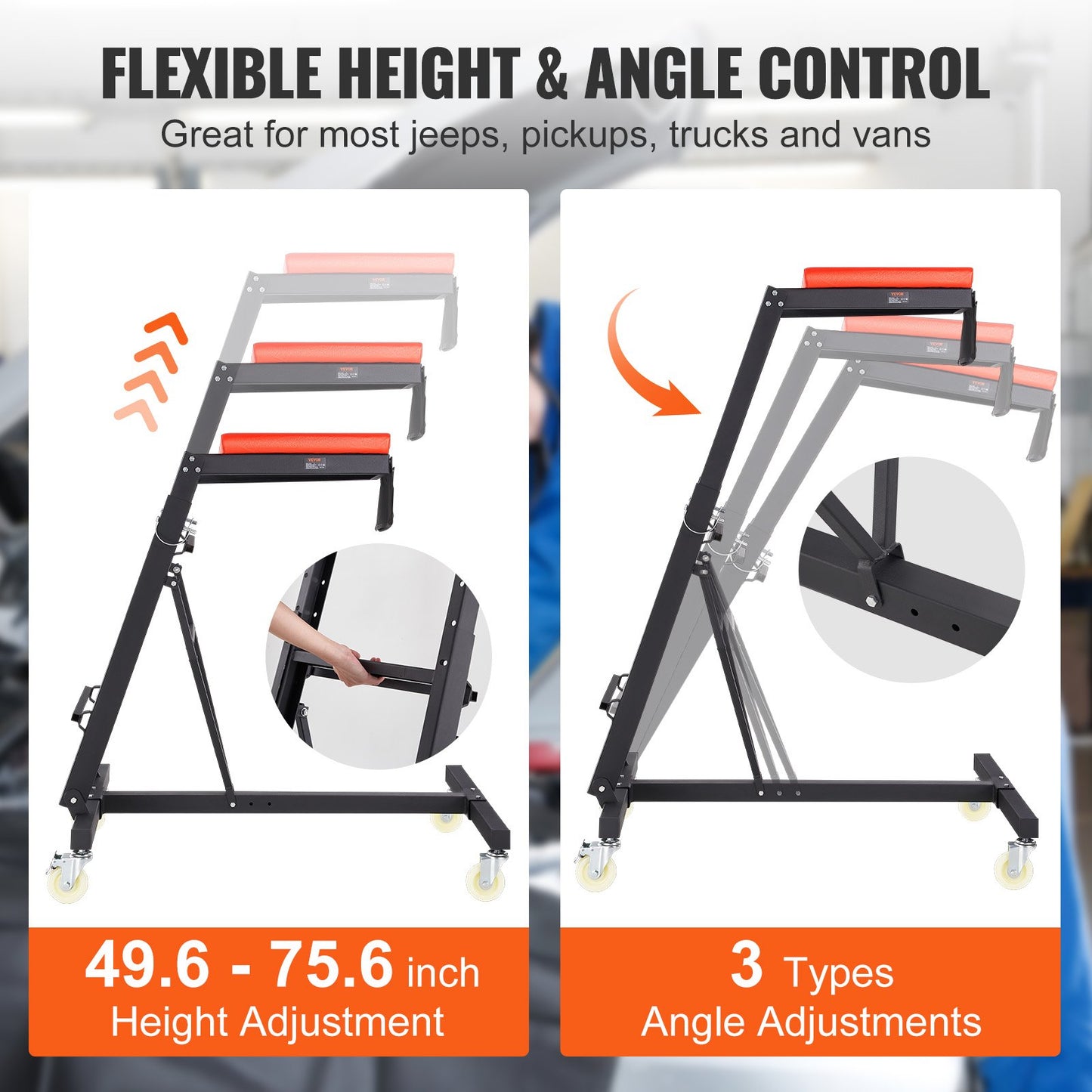 VEVOR Automotive Topside Creeper, with Adjustable Height 49.6" to 75.6", 181.44KGS