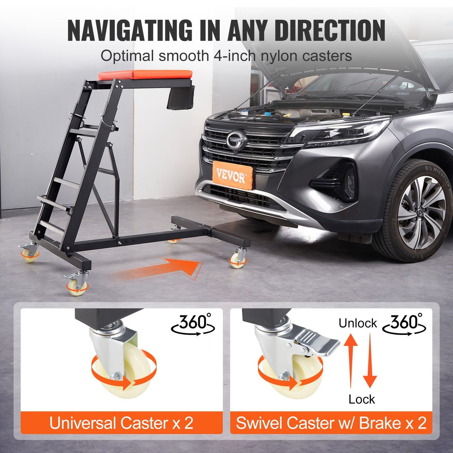 VEVOR Automotive Topside Creeper, with Adjustable Height 49.6" to 75.6", 181.44KGS