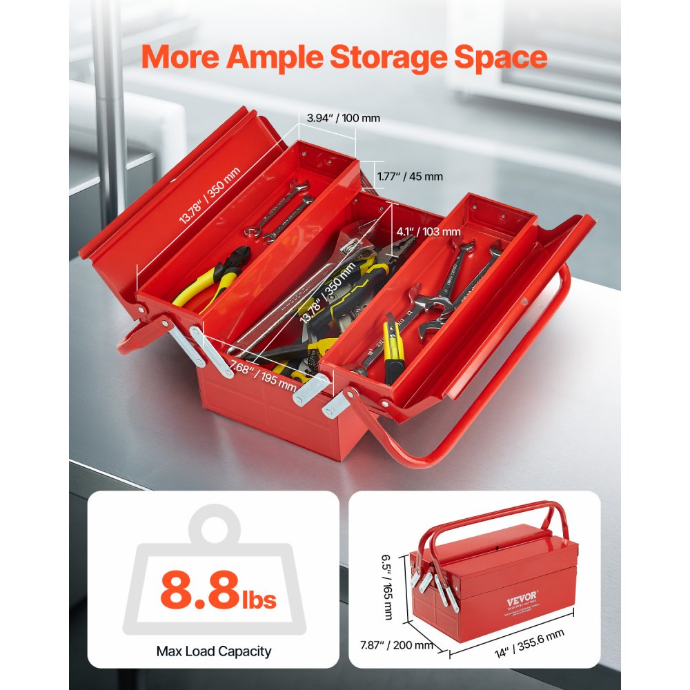 VEVOR Tool Box 355.6 mm 2-Tier 3-Tray Folding Cantilever Toolbox with Handle