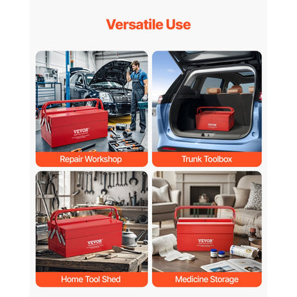 VEVOR Tool Box 355.6 mm 2-Tier 3-Tray Folding Cantilever Toolbox with Handle