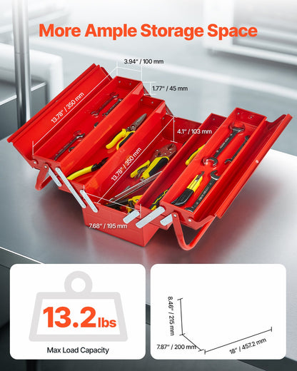 VEVOR Tool Box 457.2 mm 3-Tier 5-Tray Folding Cantilever Toolbox with Handle