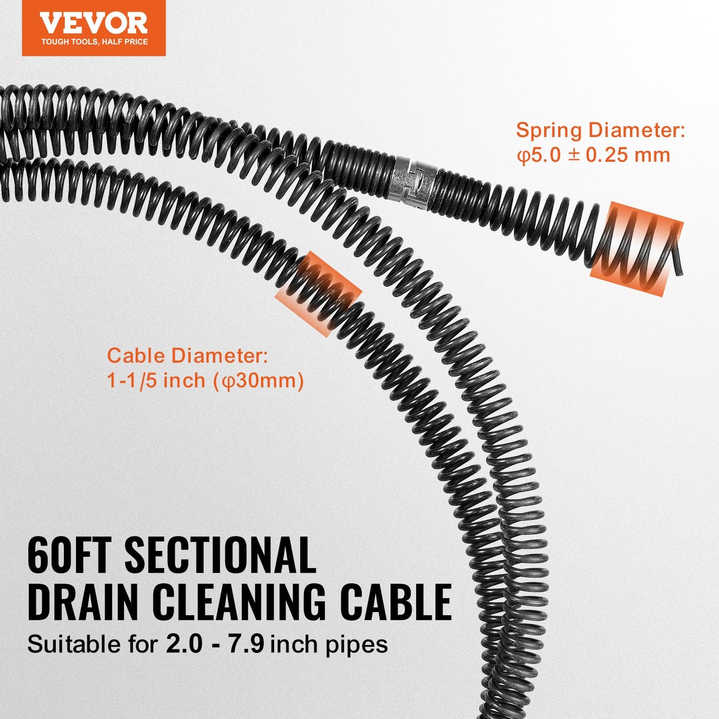 VEVOR Drain Cleaning Cable 60 FT x 1-1/5 Inch, Professional Sectional Drain Cleaner