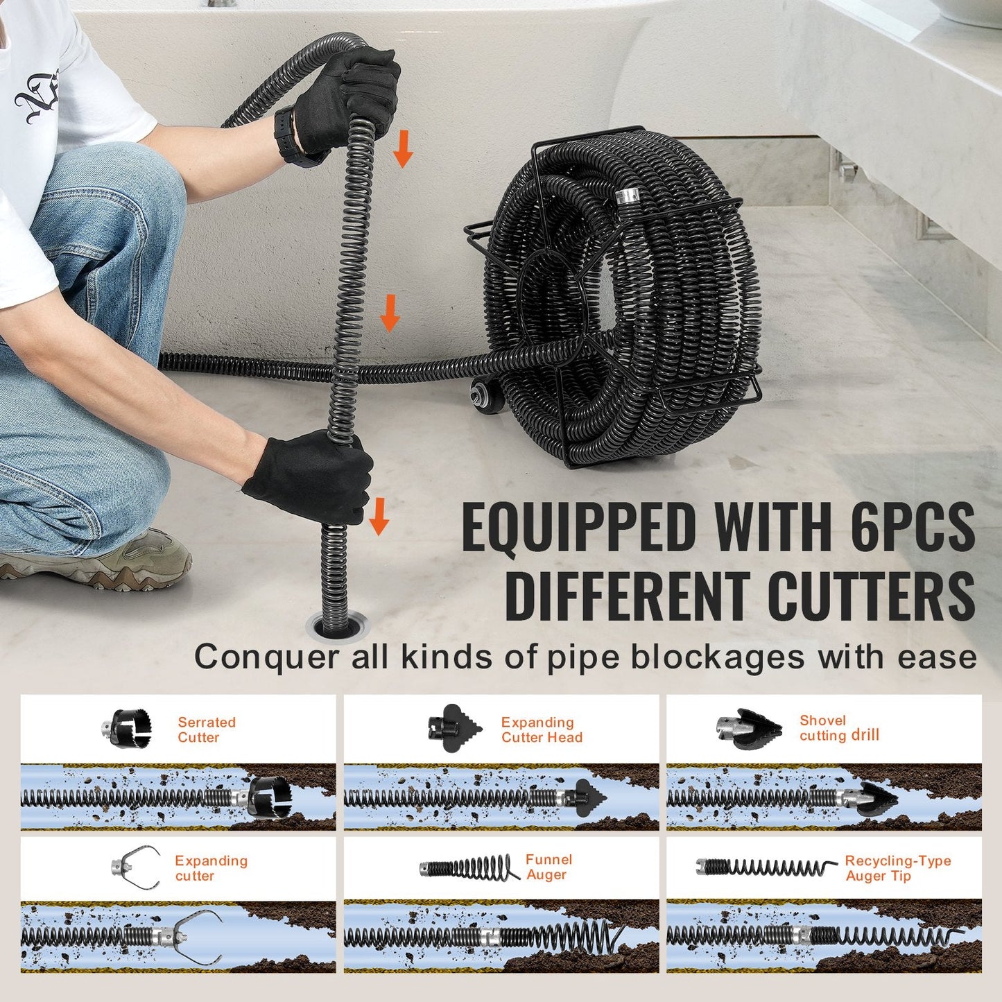 Professional 18m Drain Cleaning Cable with 6 Cutters for 50-200mm Pipes