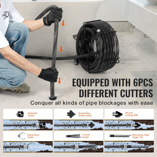 Professional 18m Drain Cleaning Cable with 6 Cutters for 50-200mm Pipes